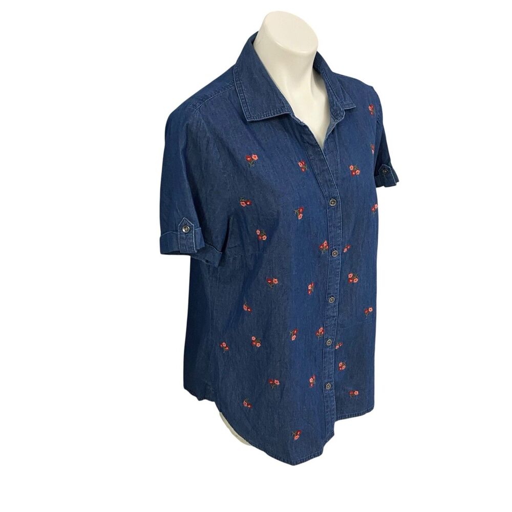 Karen Scott Shirt Womens Large Short Sleeve Top Embroidered Floral Chambray Vtg - Picture 7 of 16